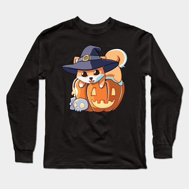 Dog Shiba on a Pumpkin Long Sleeve T-Shirt by Myanko